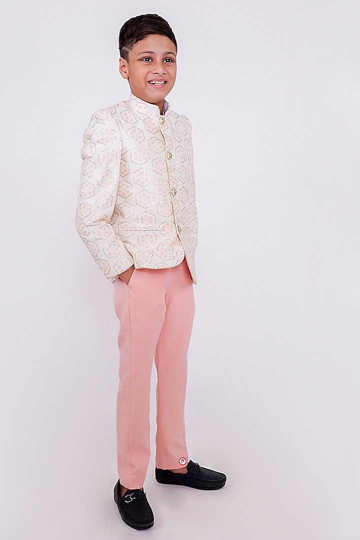 White Silk Bandhgala Set For Boys by PiccoRicco