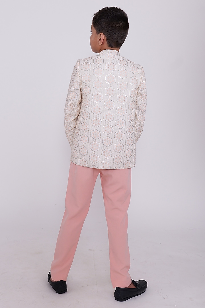 White Silk Bandhgala Set For Boys by PiccoRicco at Pernia's Pop Up Shop