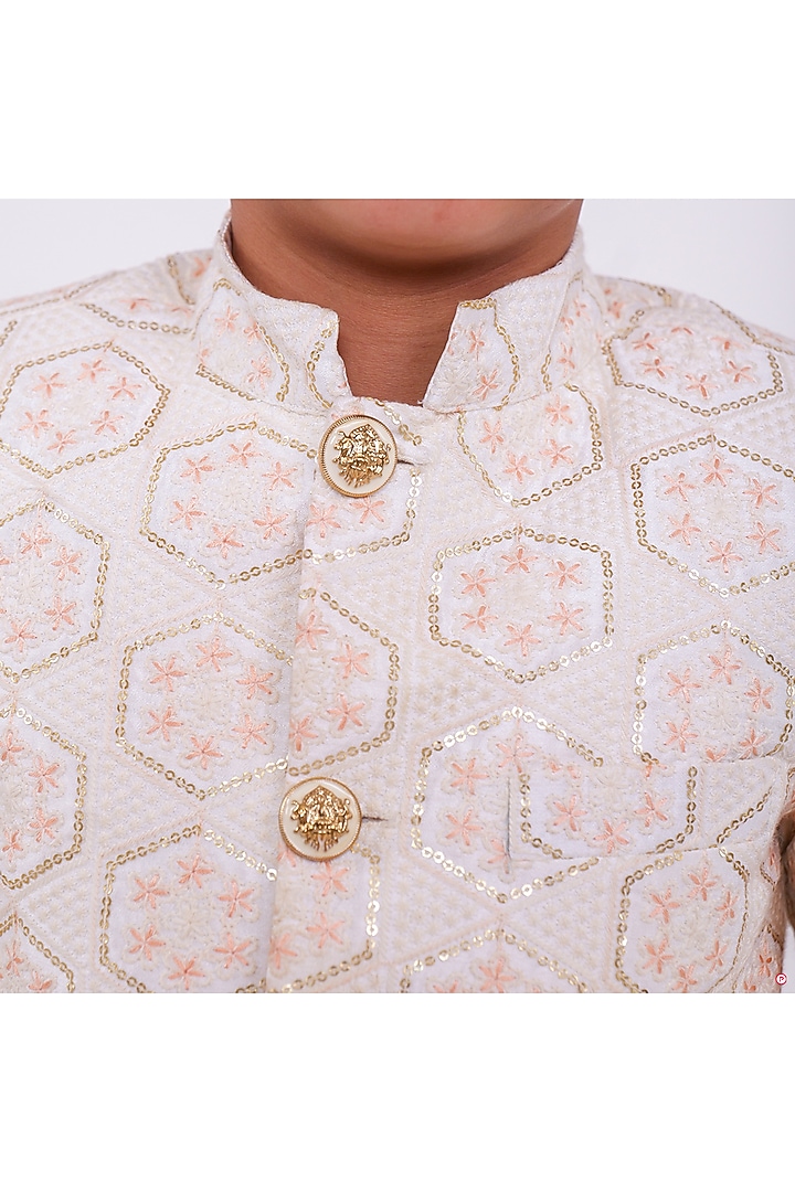 White Silk Bandhgala Set For Boys by PiccoRicco at Pernia's Pop Up Shop
