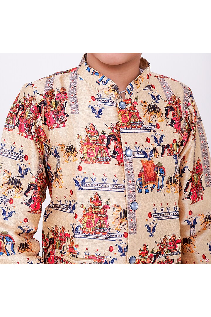 Beige Silk Bandhgala Set For Boys by PiccoRicco at Pernia's Pop Up Shop