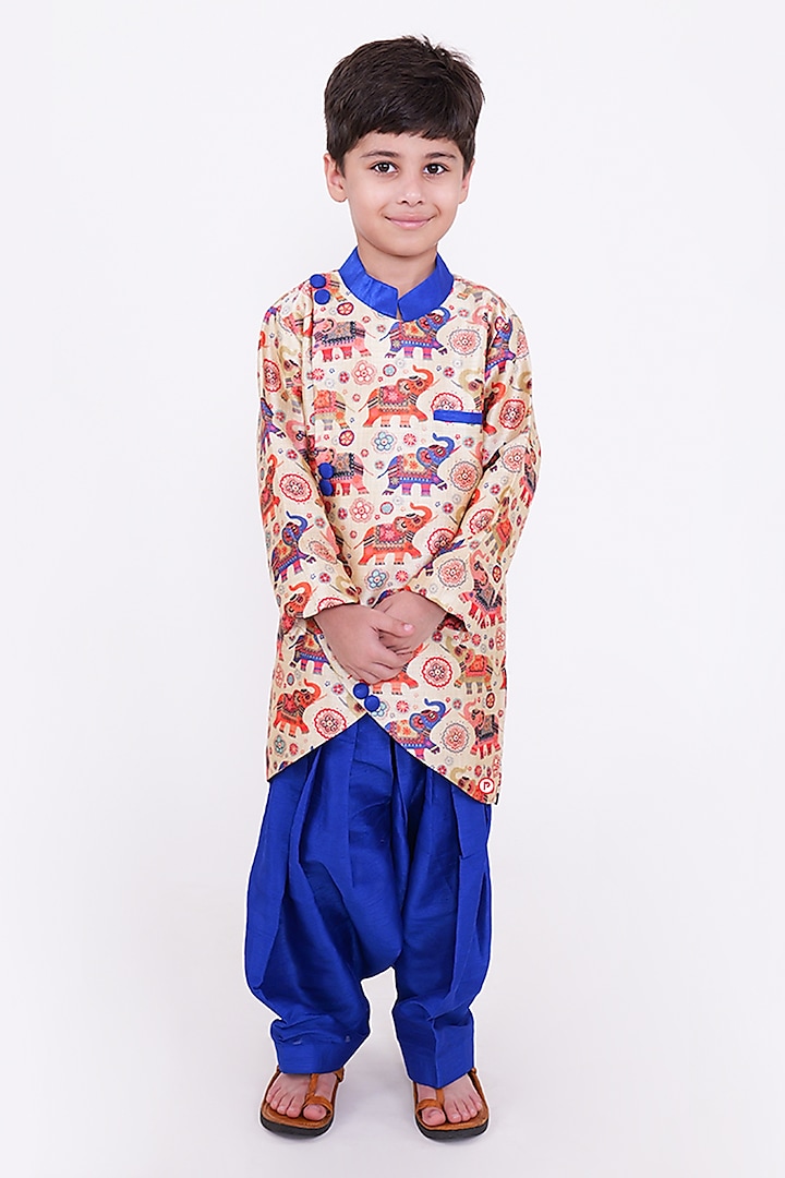 Beige Cotton Printed Sherwani Set For Boys by PiccoRicco