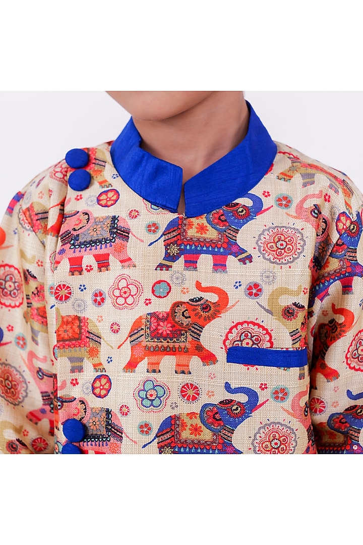 Beige Cotton Printed Sherwani Set For Boys by PiccoRicco at Pernia's Pop Up Shop