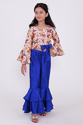 Beige & Blue Cotton Printed Co-Ord Set For Girls by PiccoRicco