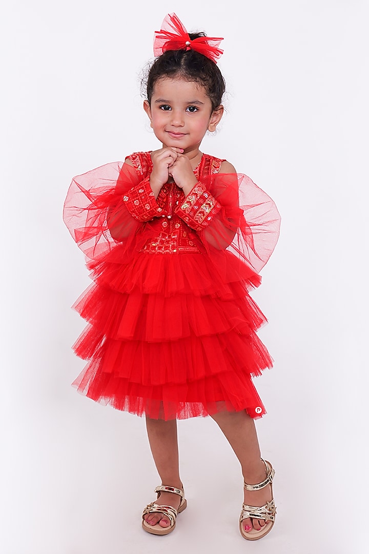 Red Crepe & Net Embellished Frilled Dress For Girls by PiccoRicco at Pernia's Pop Up Shop