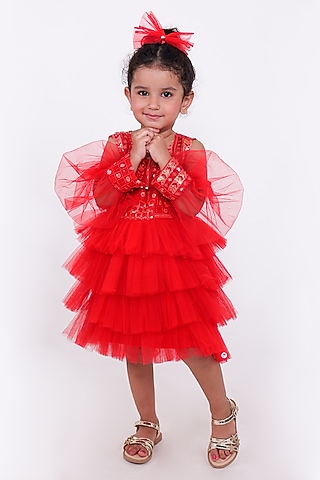 Red Crepe & Net Embellished Frilled Dress For Girls by PiccoRicco