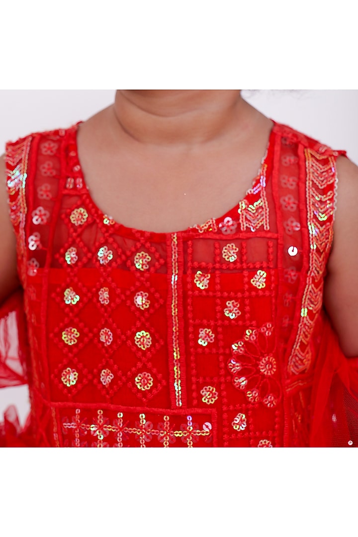 Red Crepe & Net Embellished Frilled Dress For Girls by PiccoRicco at Pernia's Pop Up Shop