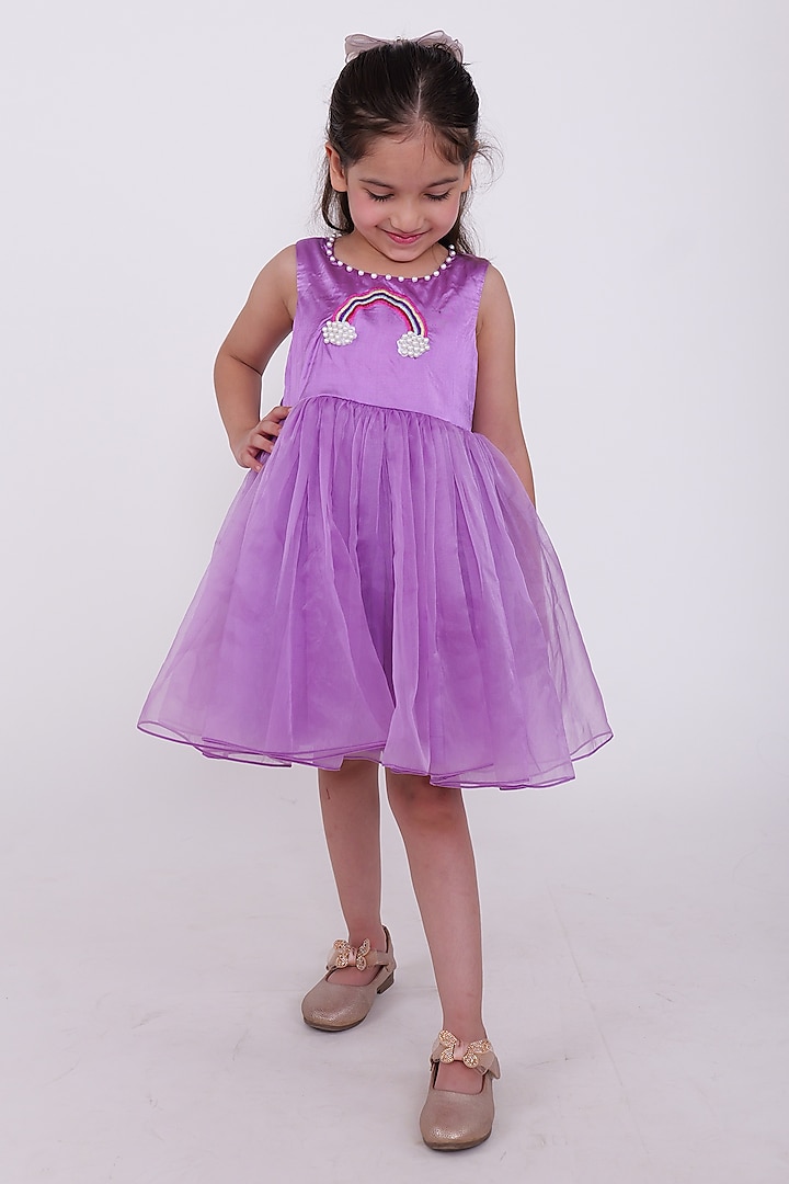 Lilac Crepe & Net Pearl Rainbow Dress For Girls by PiccoRicco at Pernia's Pop Up Shop