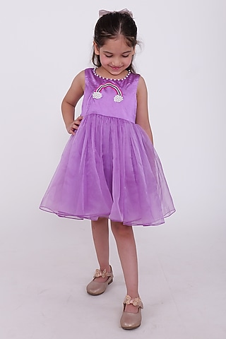 Lilac Crepe & Net Pearl Rainbow Dress For Girls by PiccoRicco