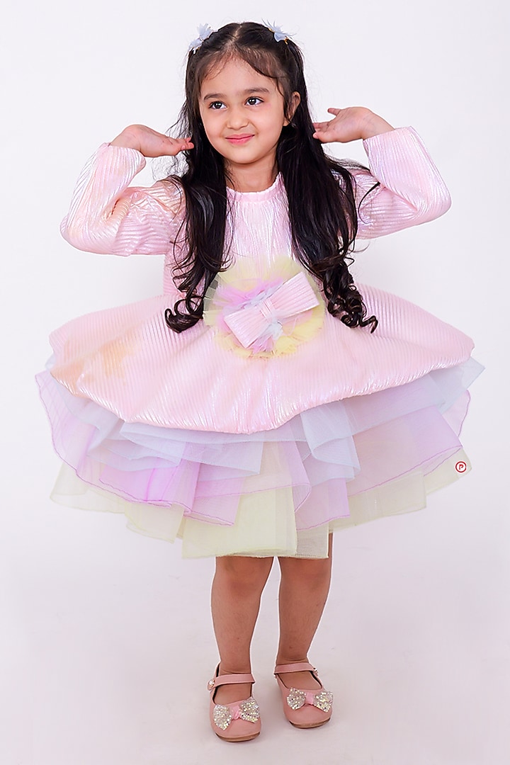 Pink & Beige Net Pleated Unicorn Dress For Girls by PiccoRicco at Pernia's Pop Up Shop