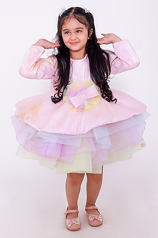 Pink & Beige Net Pleated Unicorn Dress For Girls by PiccoRicco