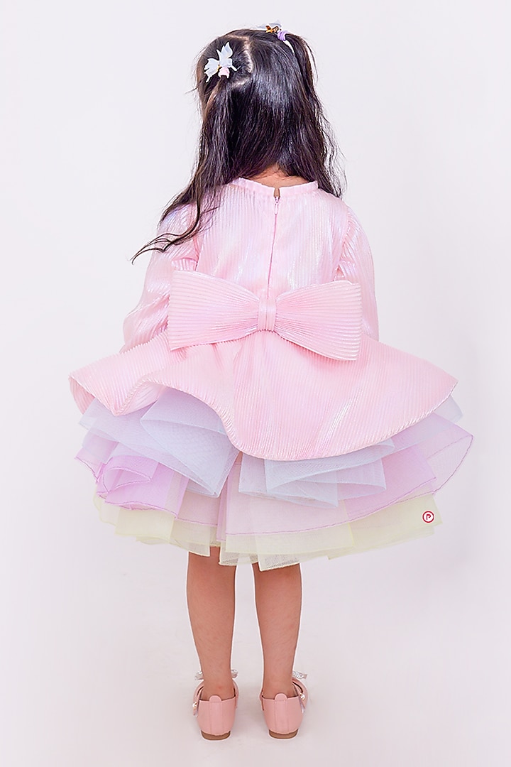 Pink & Beige Net Pleated Unicorn Dress For Girls by PiccoRicco at Pernia's Pop Up Shop