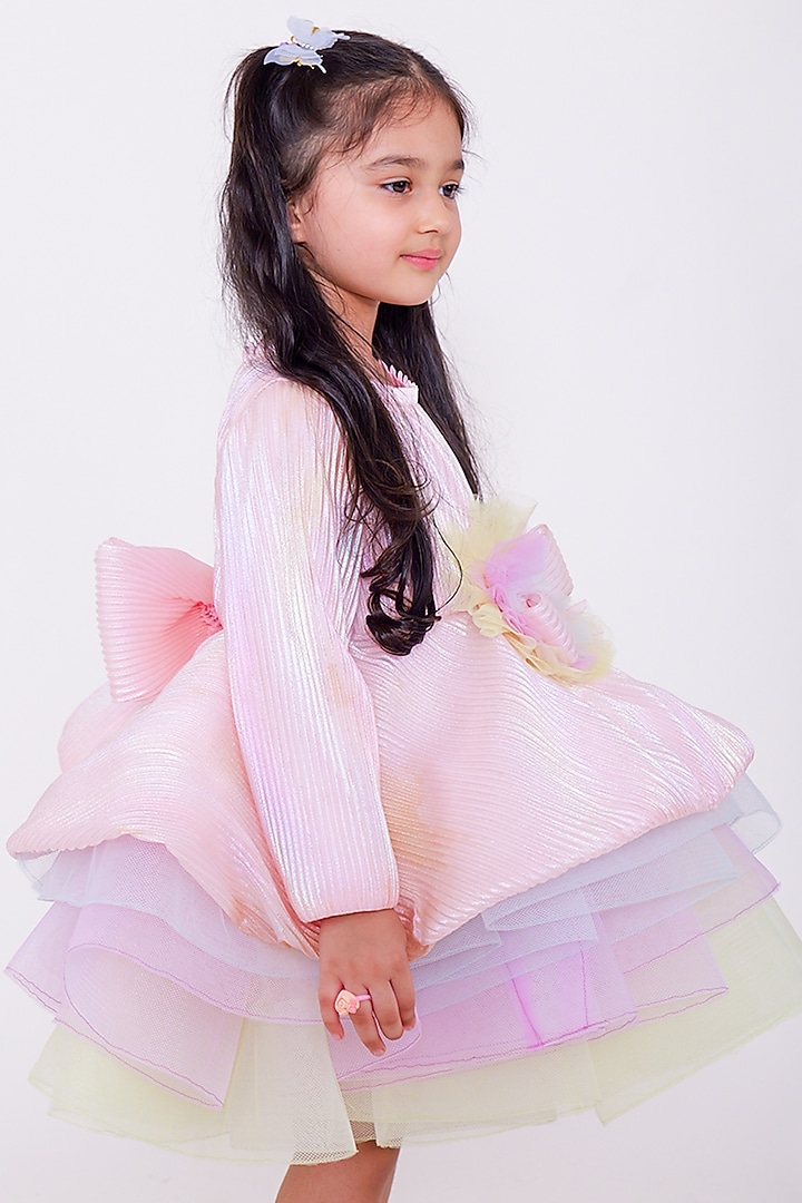 Pink & Beige Net Pleated Unicorn Dress For Girls by PiccoRicco at Pernia's Pop Up Shop