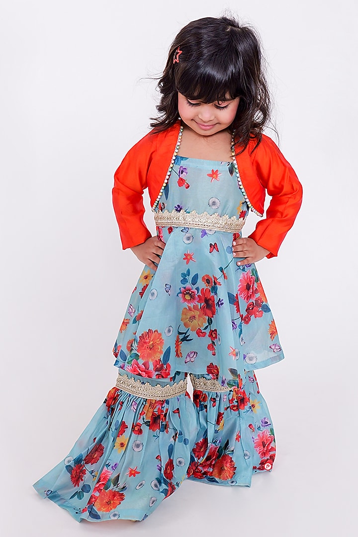 Blue Silk Floral Sharara Set For Girls by PiccoRicco at Pernia's Pop Up Shop