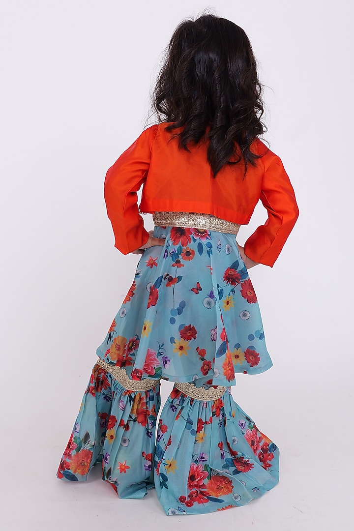 Blue Silk Floral Sharara Set For Girls by PiccoRicco at Pernia's Pop Up Shop