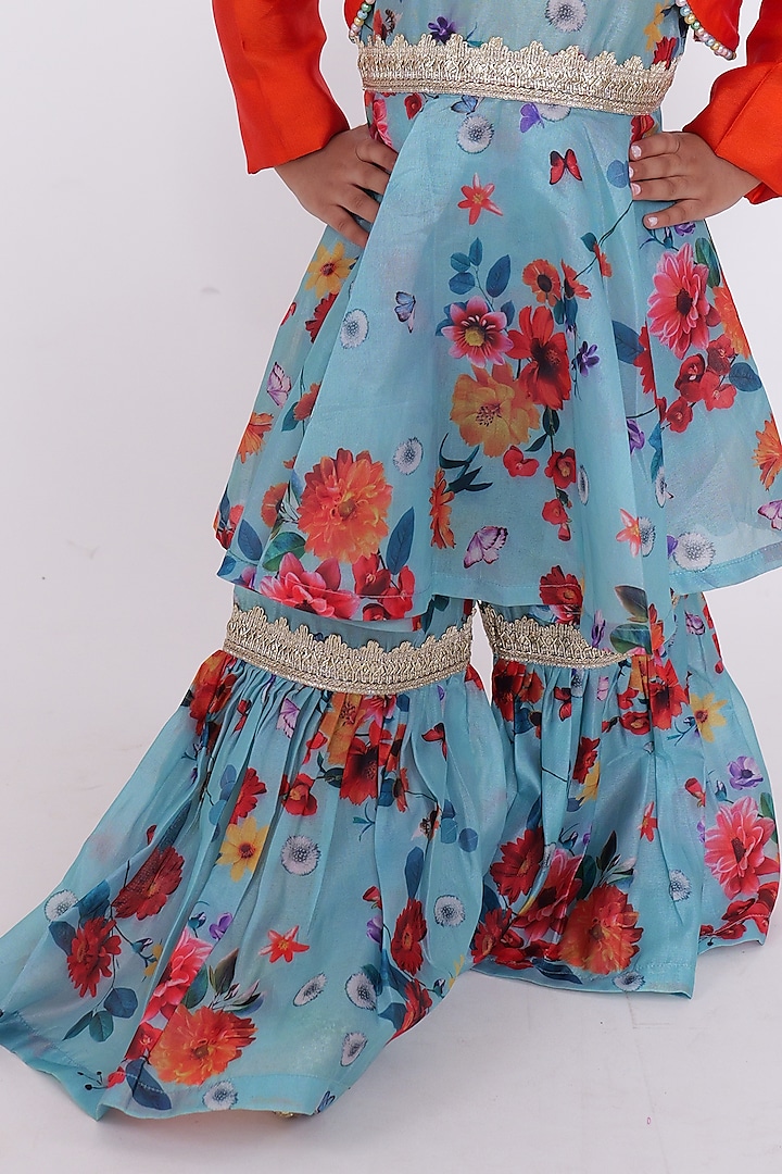 Blue Silk Floral Sharara Set For Girls by PiccoRicco at Pernia's Pop Up Shop
