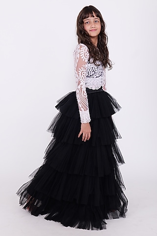 Black Organza Layered Skirt Set For Girls by PiccoRicco