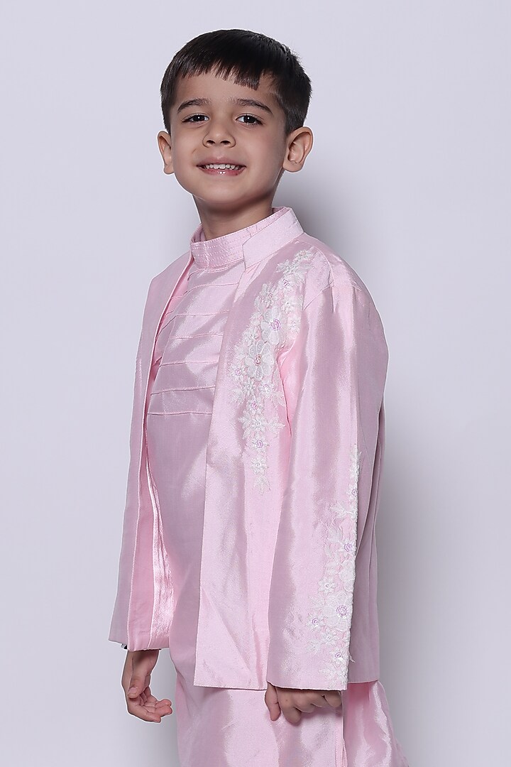 Pink Taffeta Silk Kurta Set For Boys by PiccoRicco at Pernia's Pop Up Shop