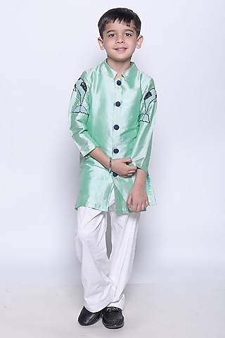 Sea Green Silk Kurta Set For Boys by PiccoRicco