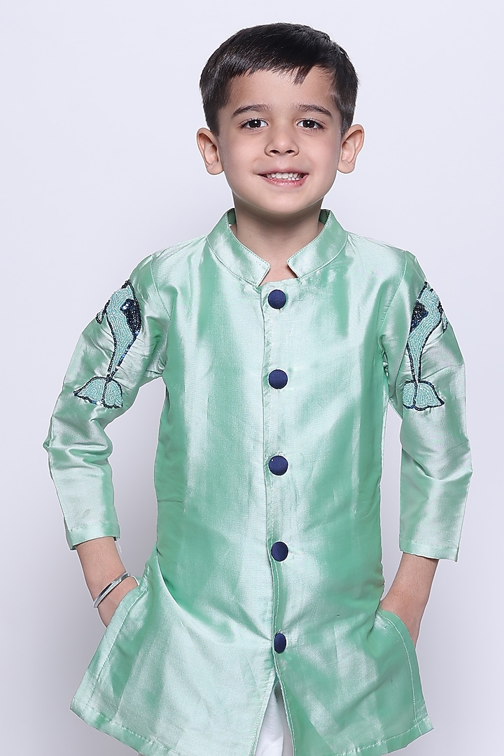 Sea Green Silk Kurta Set For Boys by PiccoRicco at Pernia's Pop Up Shop