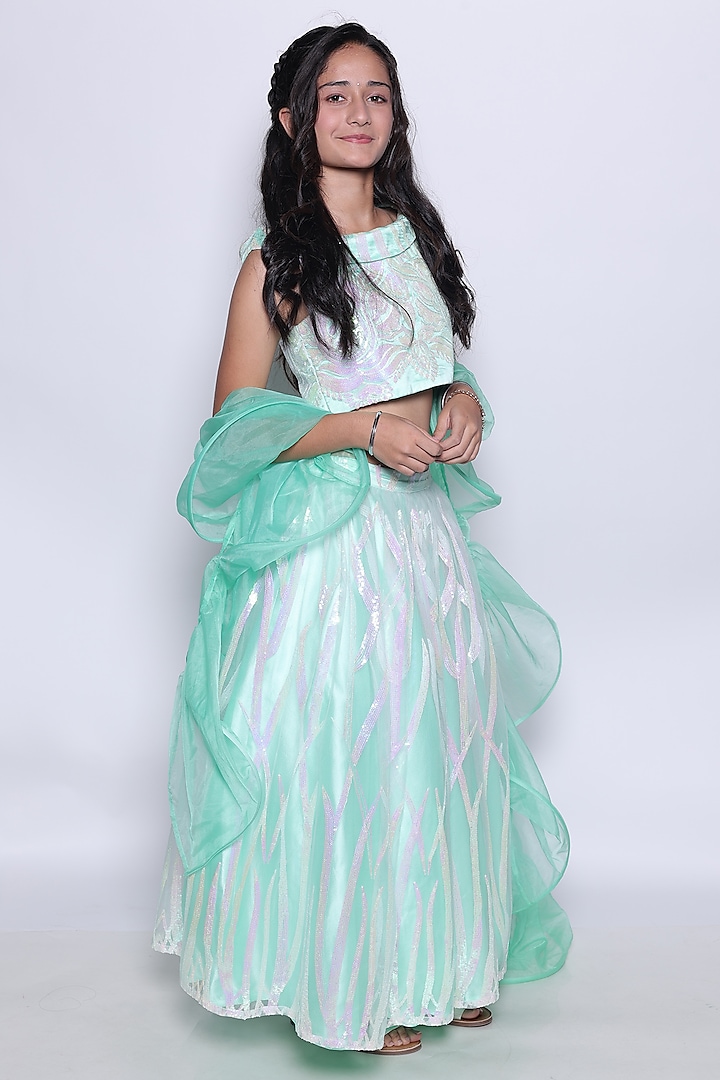 Sea Green Satin & Sequins Net Lehenga Set For Girls by PiccoRicco at Pernia's Pop Up Shop