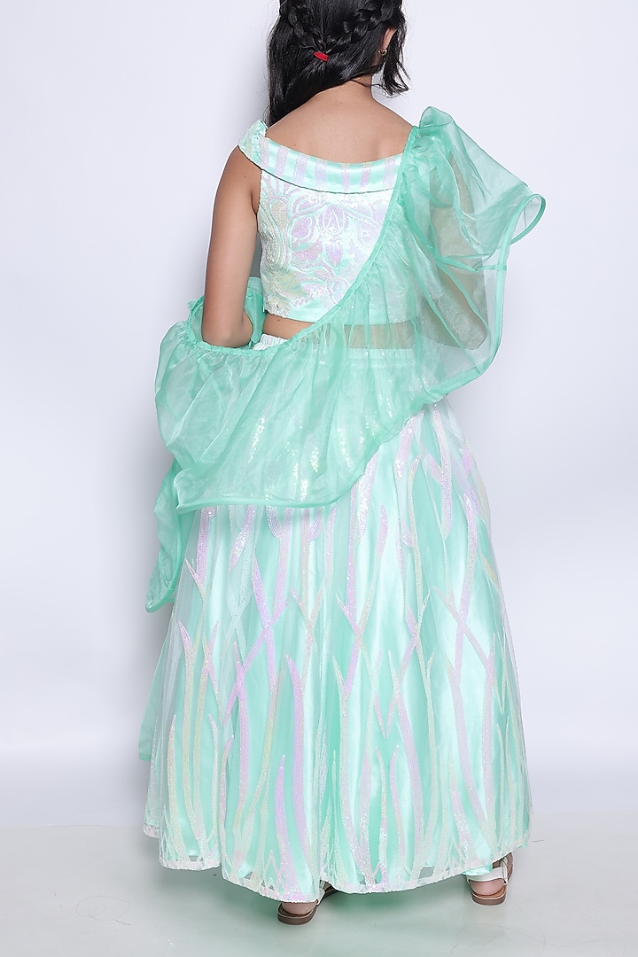 Sea Green Satin & Sequins Net Lehenga Set For Girls by PiccoRicco at Pernia's Pop Up Shop