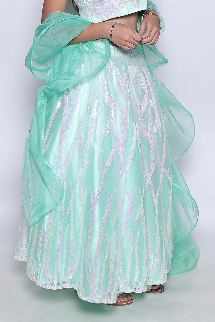 Sea Green Satin & Sequins Net Lehenga Set For Girls by PiccoRicco at Pernia's Pop Up Shop
