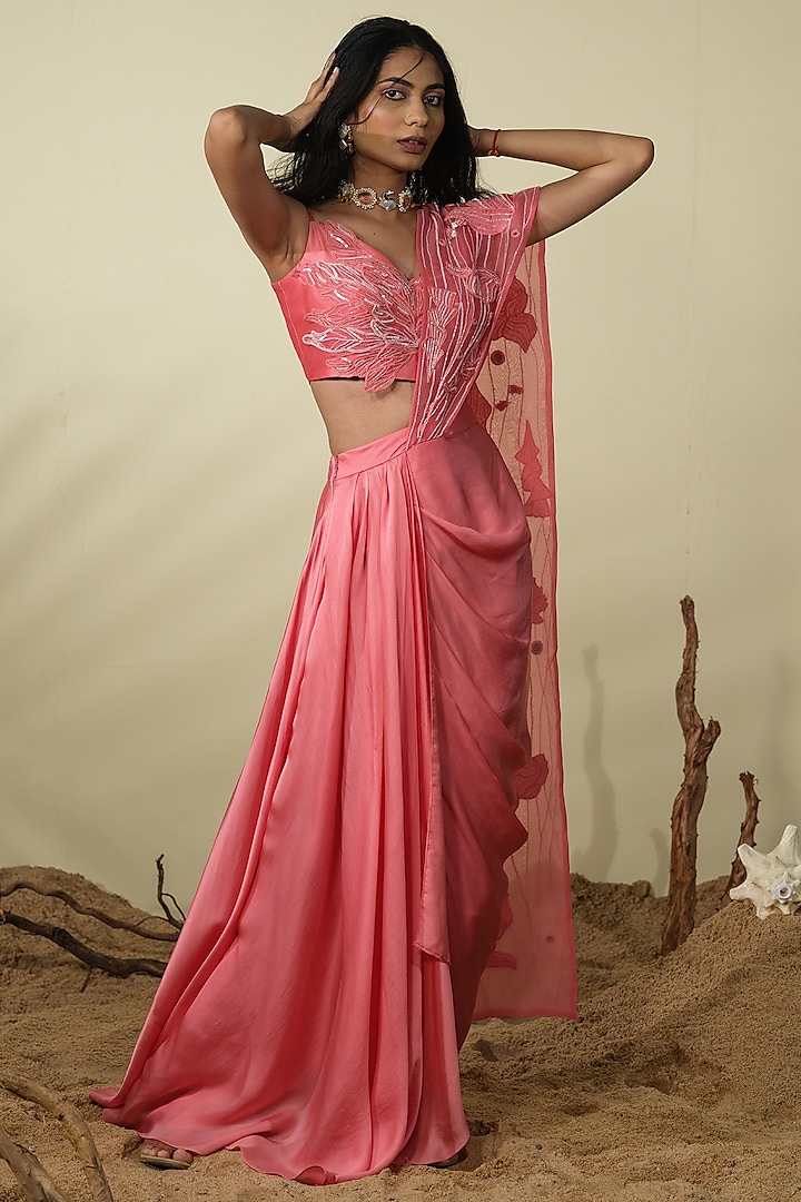 Coral Pink Silky Satin Pre-Draped Cowl Skirt Saree Set by Piri India at Pernia's Pop Up Shop