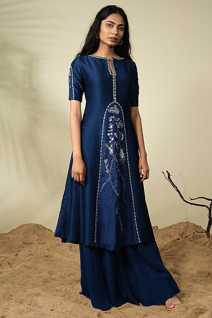 Navy Blue Chanderi & Georgette 3D Embroidered Kurta Set by Piri India at Pernia's Pop Up Shop