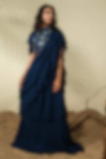 Navy Blue Chanderi & Georgette Ruffled Pre-Draped Saree Set by Piri India