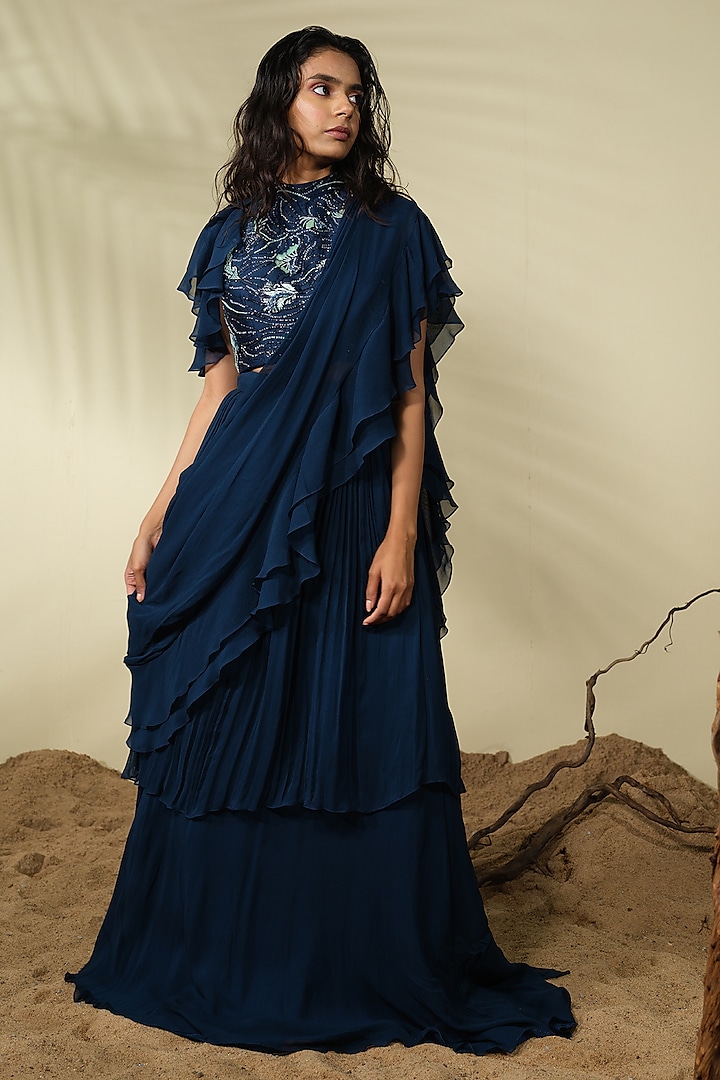 Navy Blue Chanderi & Georgette Ruffled Pre-Draped Saree Set by Piri India at Pernia's Pop Up Shop