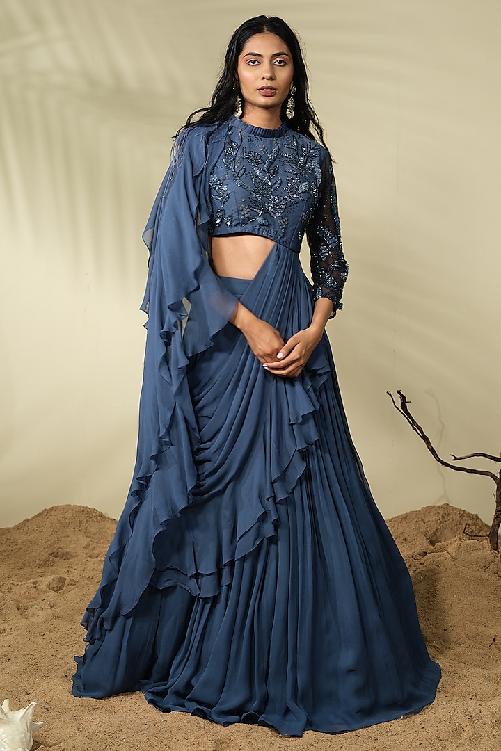 Grey Blue Georgette & Organza Ruffled Wedding Lehenga Set by Piri India at Pernia's Pop Up Shop