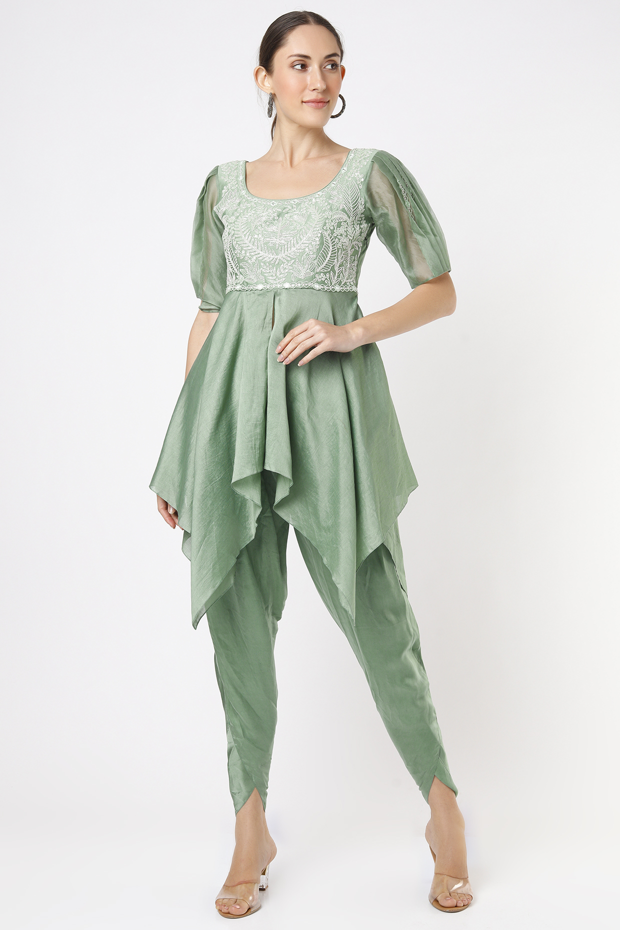 Agate Green Bemberg Satin Dhoti Set by Piri India at Pernia's Pop Up Shop