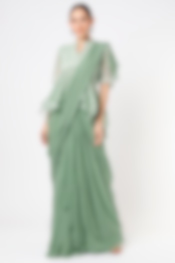Agate Green Pure Georgette Pre-Draped Ruffled Saree Set by Piri India