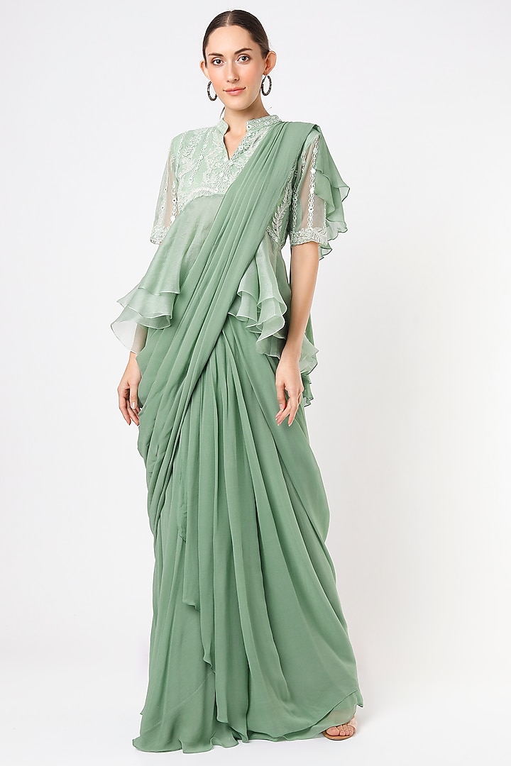 Agate Green Pre-Draped Ruffled Saree Set by Piri India