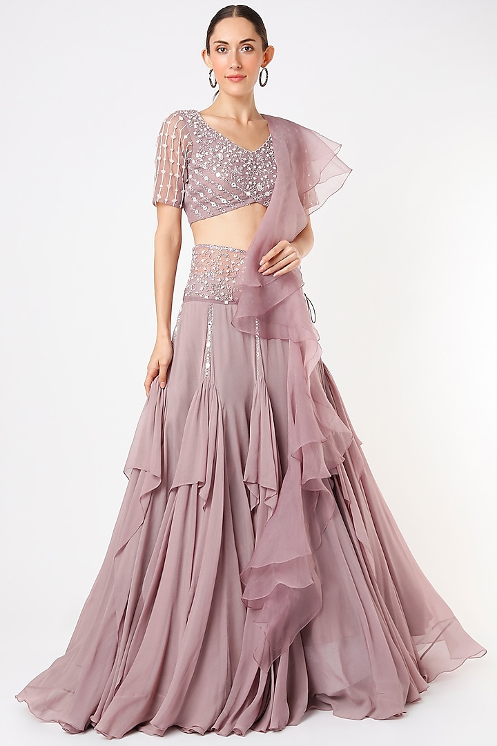 Mauve Georgette Lehenga Set by Piri India