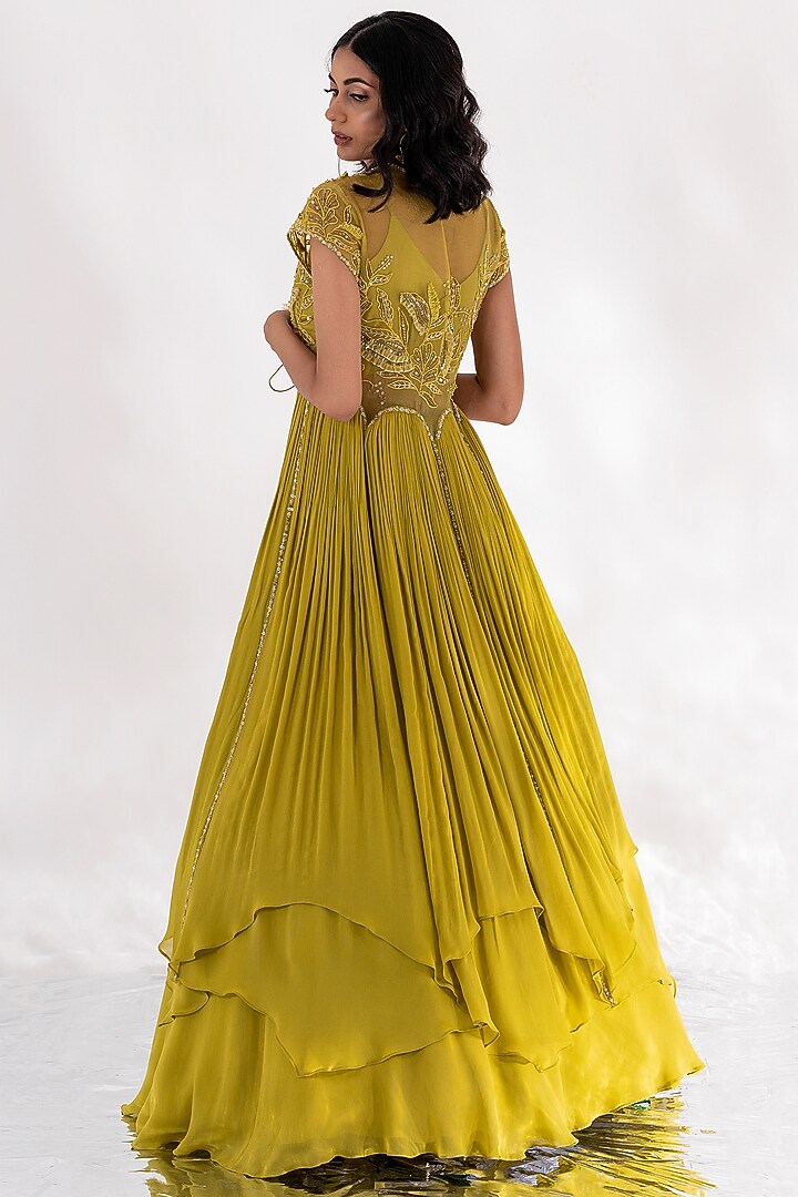 Kelp Green Chanderi & Georgette Jacket Set by Piri India at Pernia's Pop Up Shop