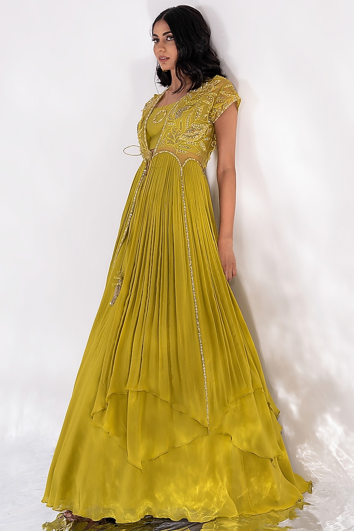 Kelp Green Chanderi & Georgette Jacket Set by Piri India at Pernia's Pop Up Shop