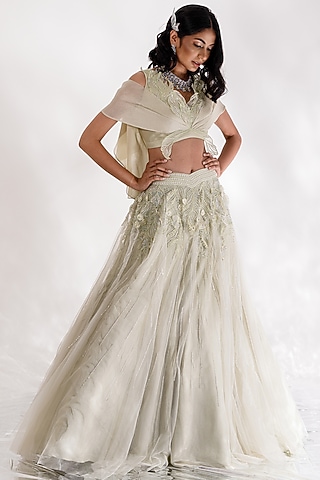 Sea Green Organza & Georgette Lehenga Set by Piri India