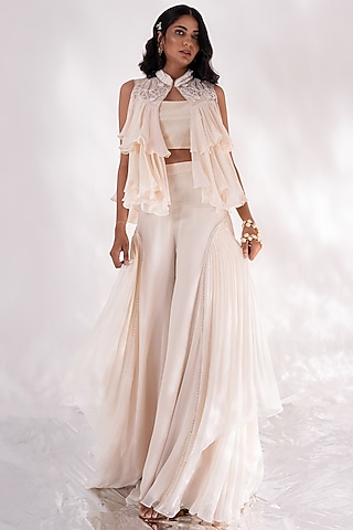 Ivory Organza & Chanderi Ruffled Jacket Set by Piri India