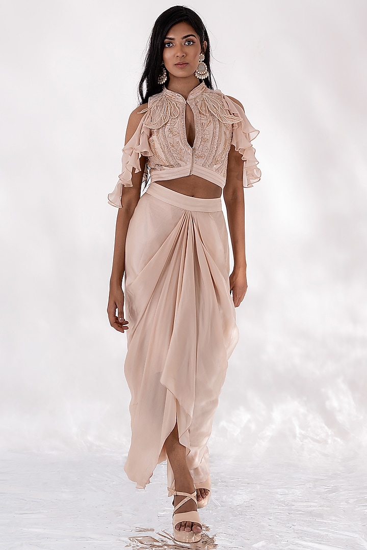 Sand Beige Organza & Georgette Skirt Set by Piri India