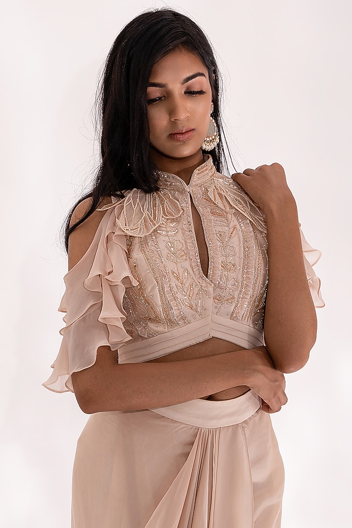 Sand Beige Organza & Georgette Skirt Set by Piri India at Pernia's Pop Up Shop