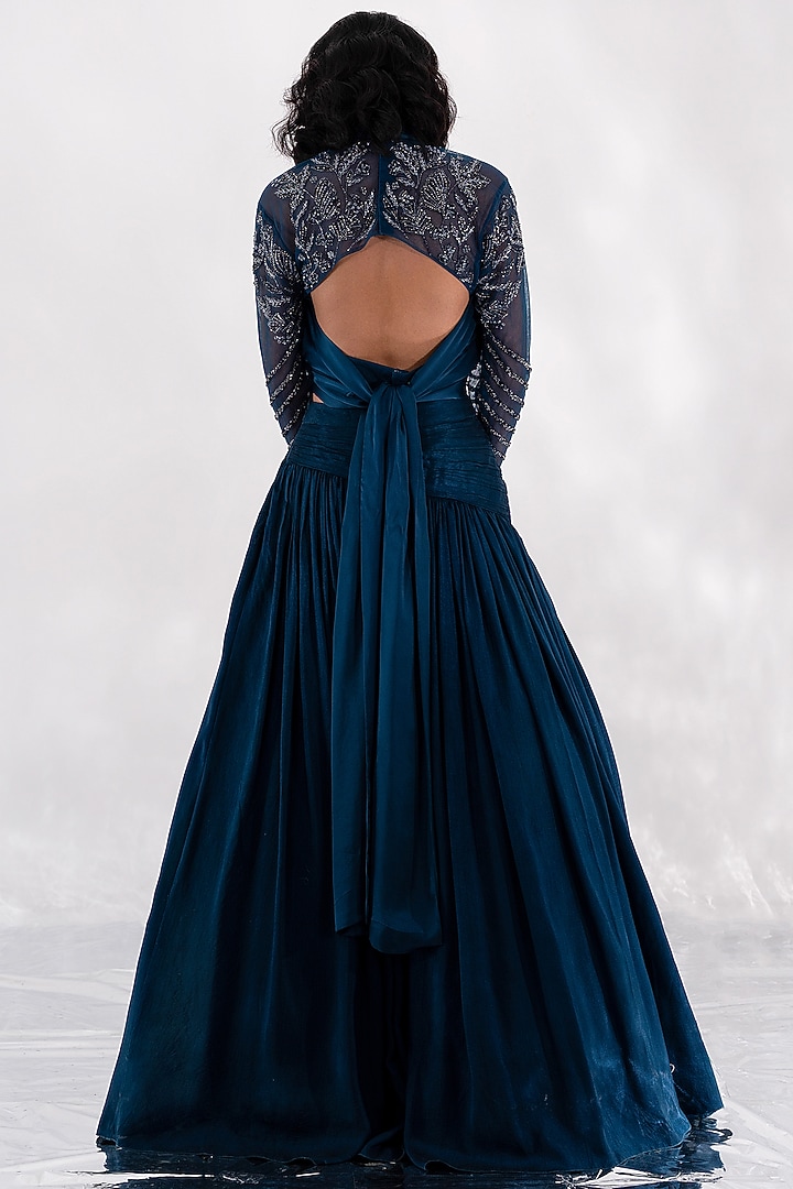 Midnight Green Raw Silk Draped Wedding Lehenga Set by Piri India at Pernia's Pop Up Shop