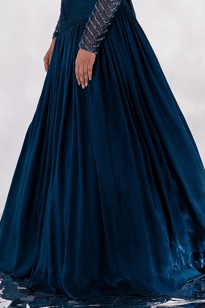 Midnight Green Raw Silk Draped Wedding Lehenga Set by Piri India at Pernia's Pop Up Shop