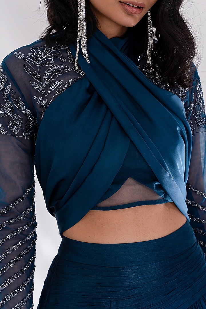 Midnight Green Raw Silk Draped Wedding Lehenga Set by Piri India at Pernia's Pop Up Shop
