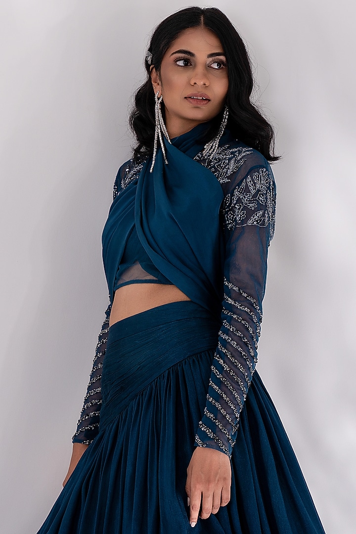 Midnight Green Raw Silk Draped Wedding Lehenga Set by Piri India at Pernia's Pop Up Shop