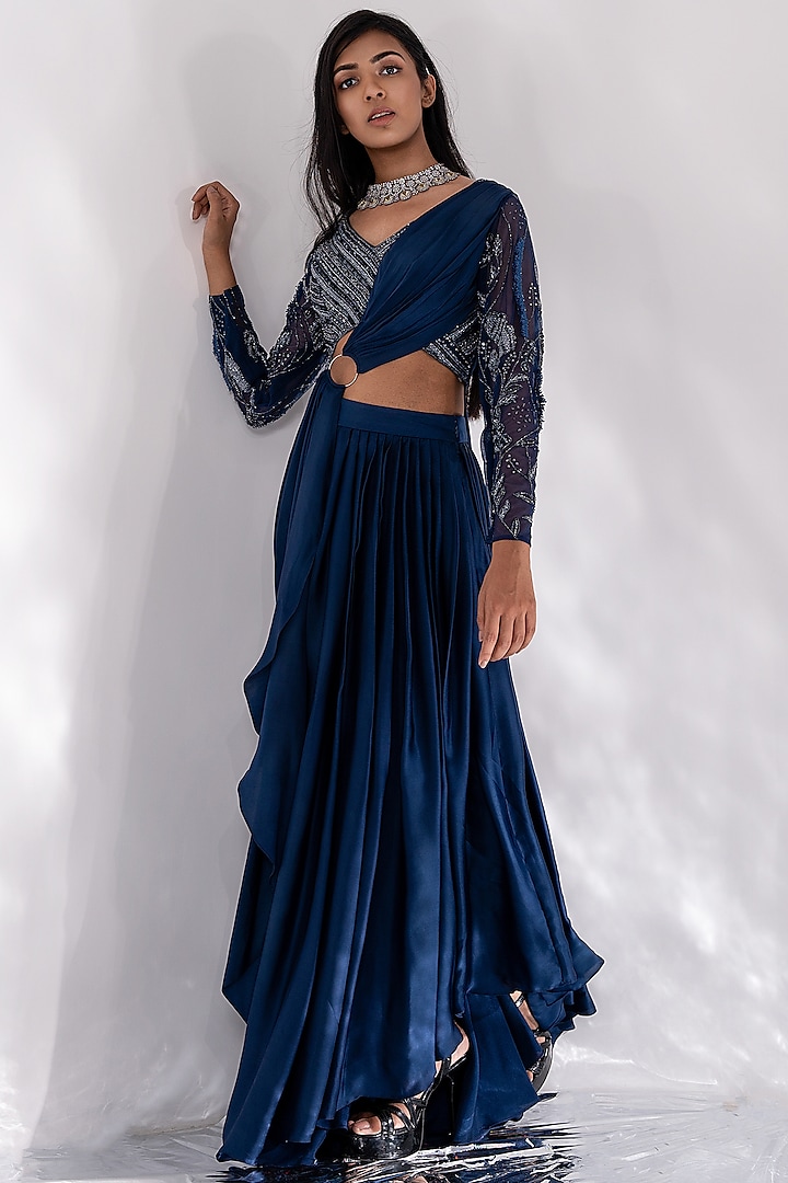 Navy Blue Satin & Tulle Pleated Skirt Set by Piri India