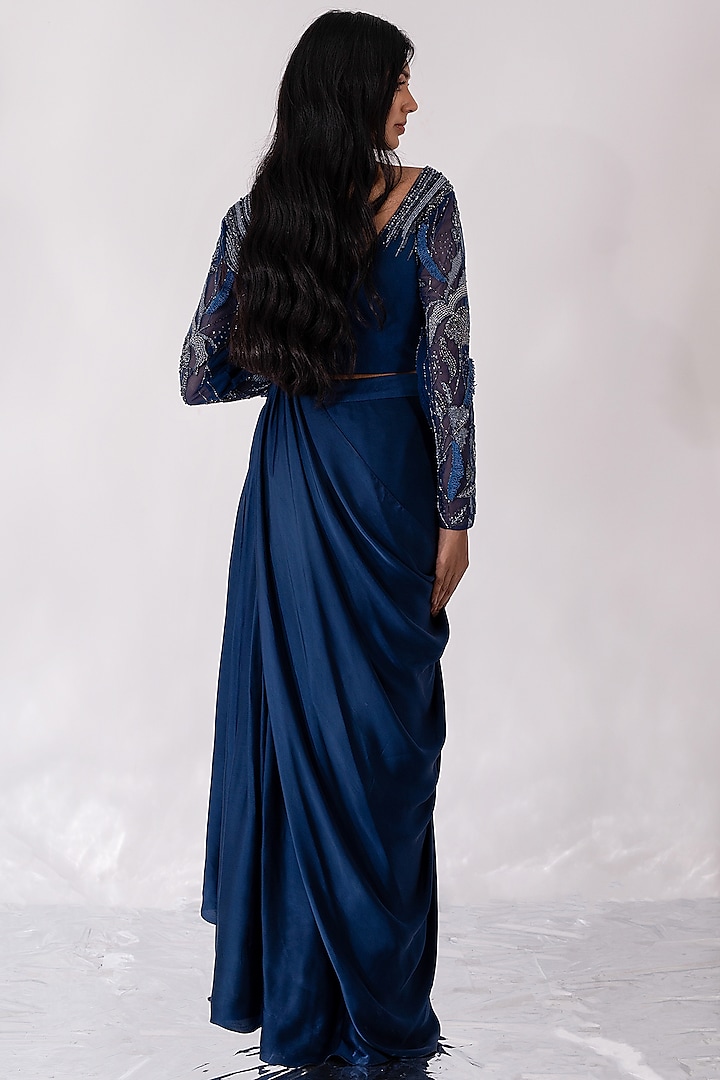 Shop Navy Blue Drape Saree Skirt & Blouse Set by SOUP BY SOUGAT