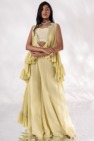 Lime Green Chanderi & Georgette Ruffled Cape Set by Piri India