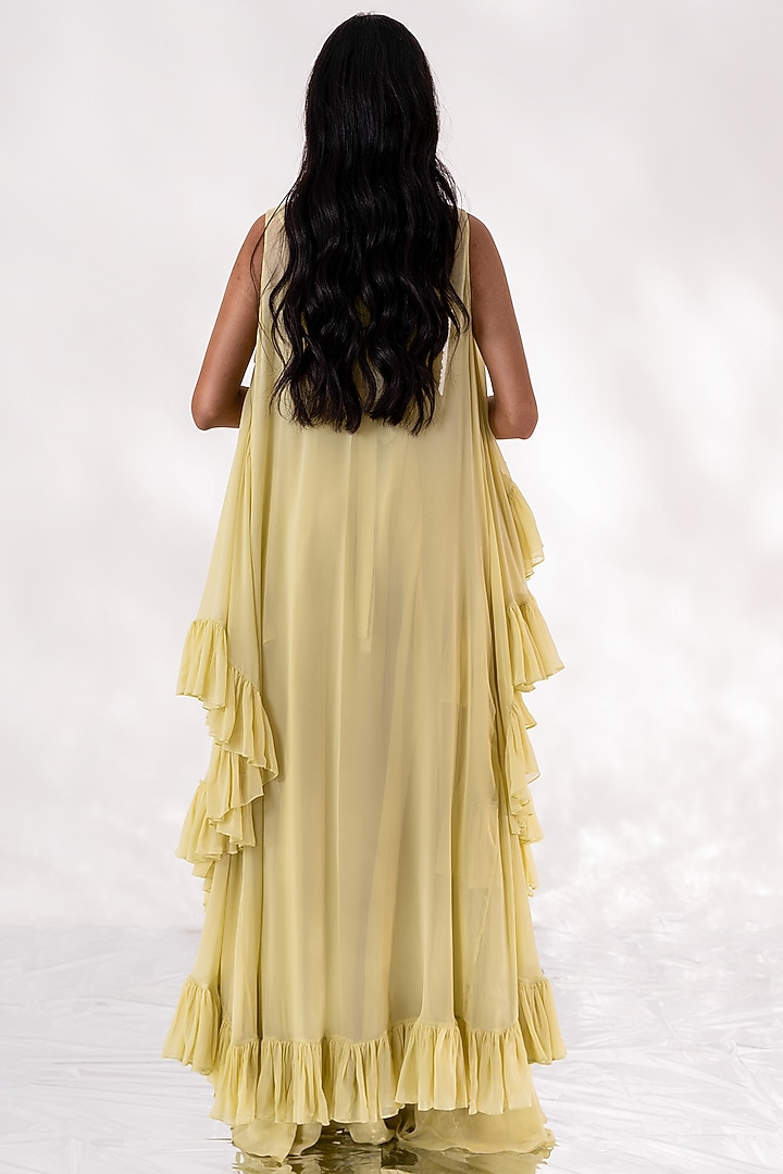 Lime Green Chanderi & Georgette Ruffled Cape Set by Piri India at Pernia's Pop Up Shop