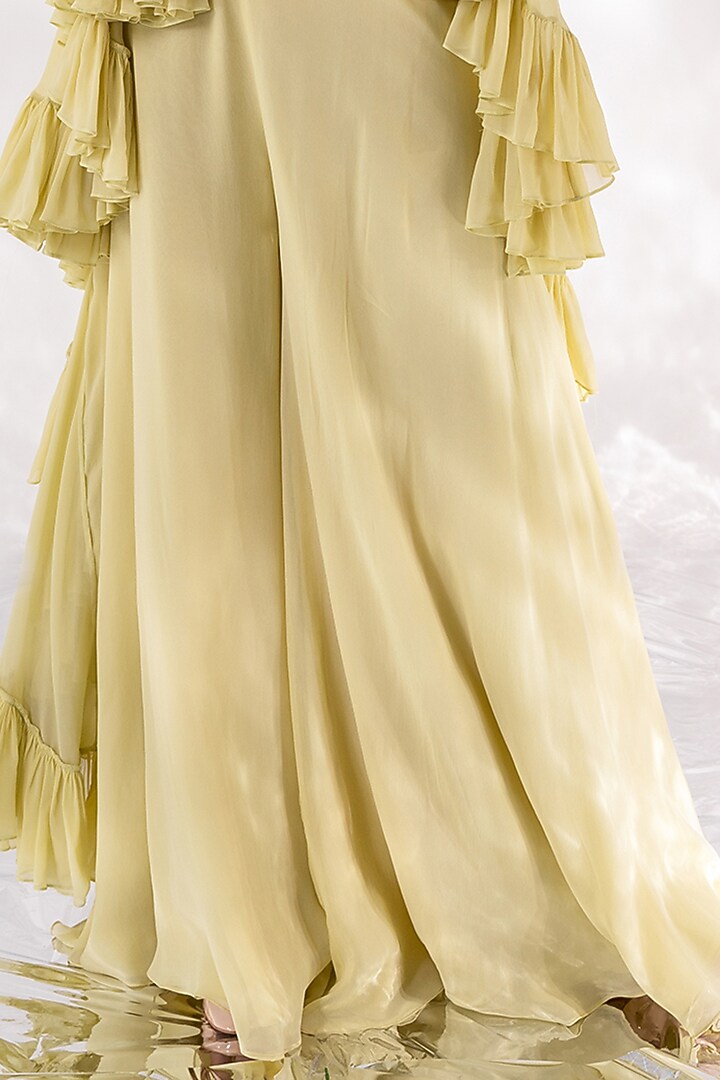 Lime Green Chanderi & Georgette Ruffled Cape Set by Piri India at Pernia's Pop Up Shop